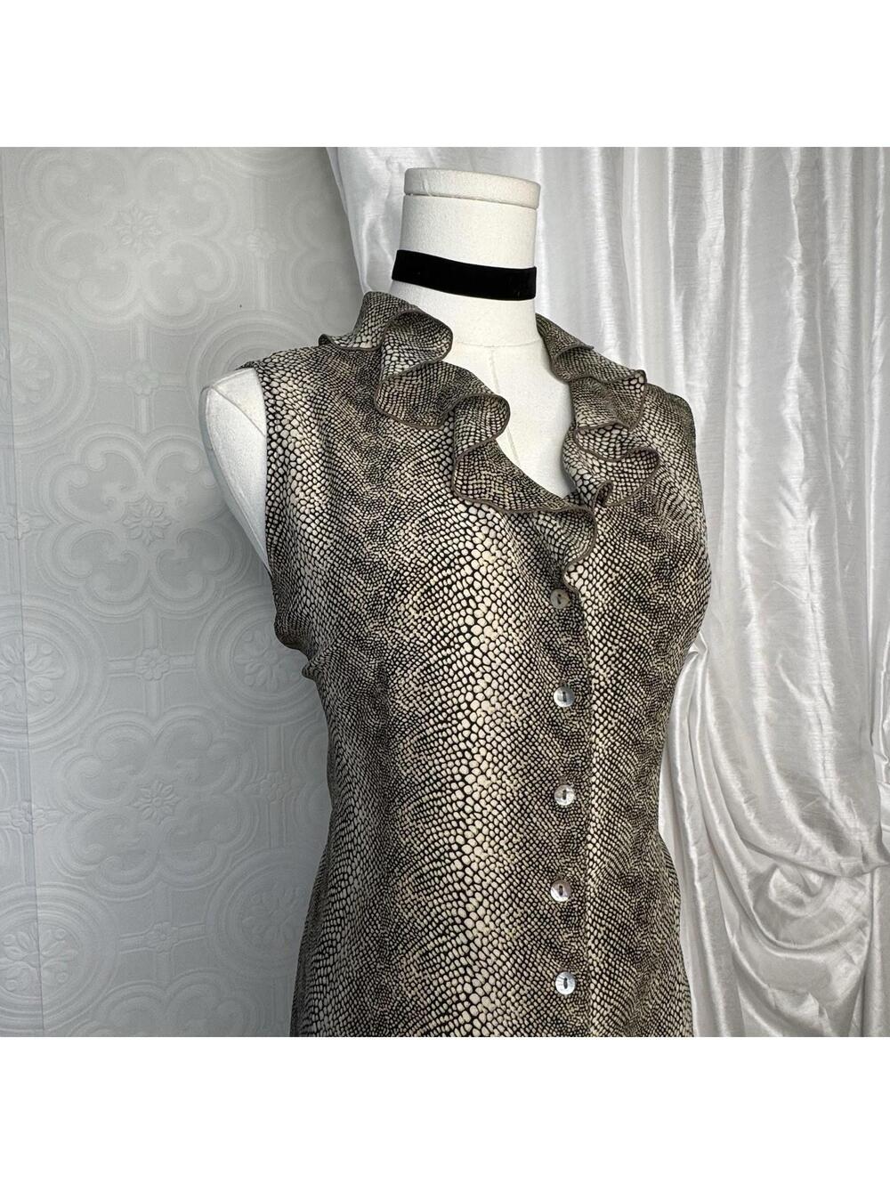 Vintage Silk Animal Print Sleeveless Button Blouse with Ruffle Collar